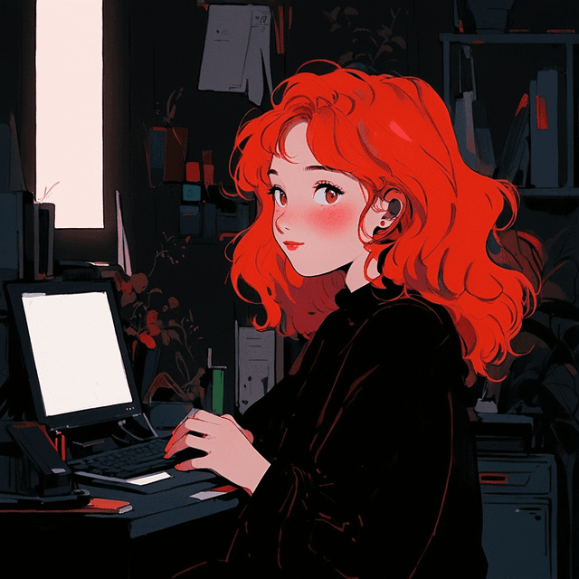 A woman with red hair and a soft smile working on her Web Development Projects